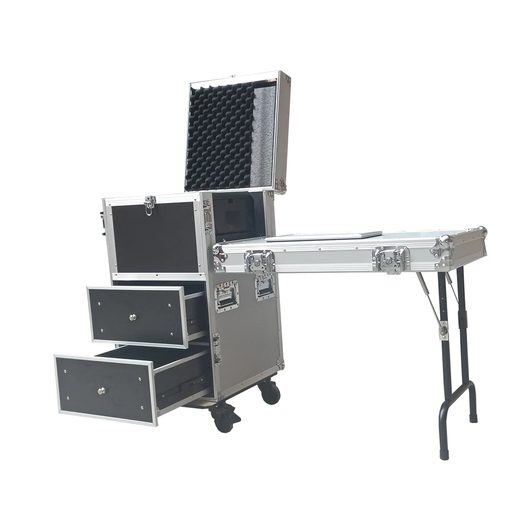 China factory custom moving head dj table large drawer aluminum flight case with wheels