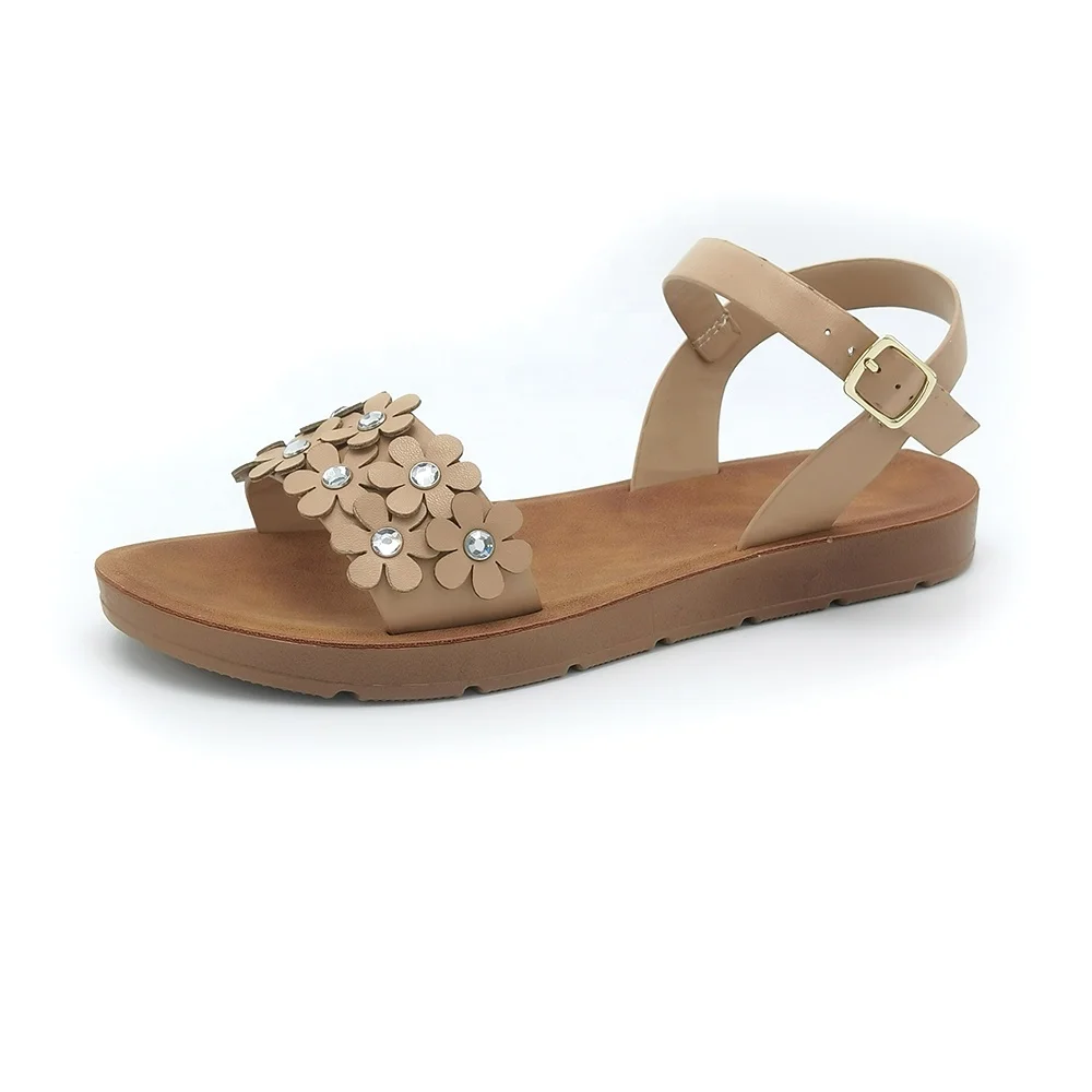 Elegant Old Lady Casual Shoes Slingback Flowers Handmade Craft PU Women Ladies Sandals