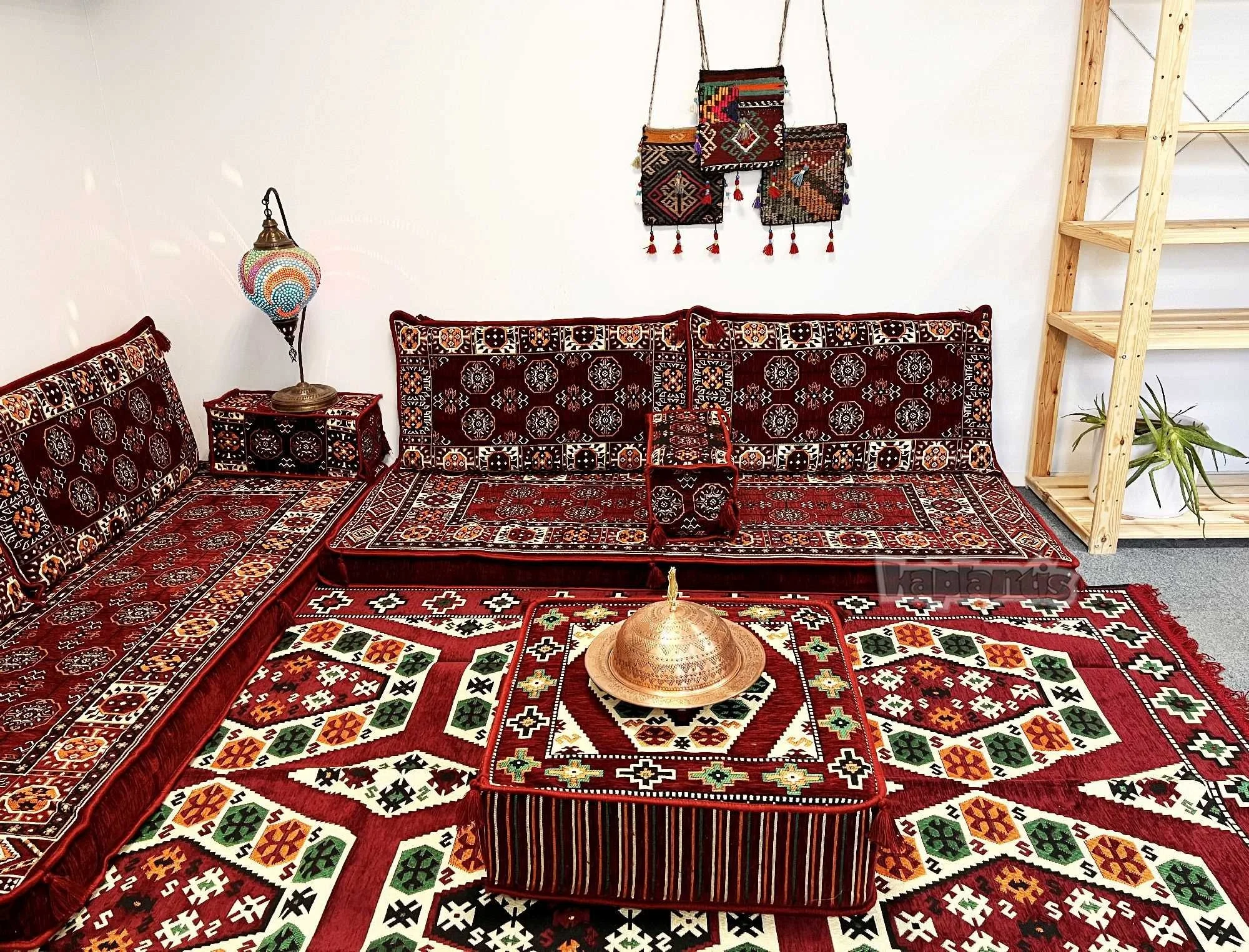 Anatolian Oriental Floor Cushion Set for Two Afghan Pattern Burgundy with 22 Density Foam Fillings