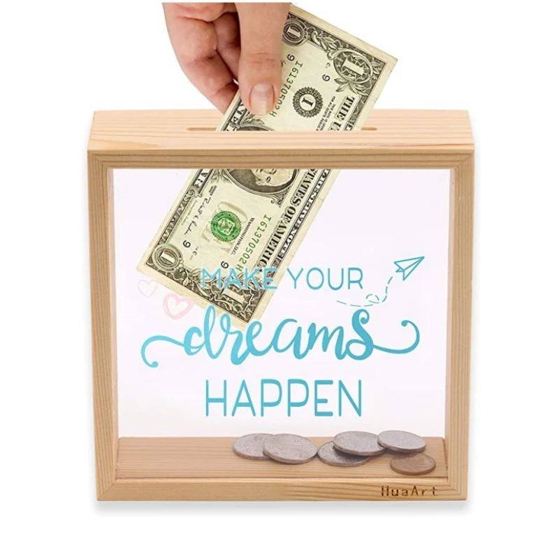 Custom Decorative Shadow Box Frame Shape Money Box Natural Wooden Coin Bank For Home Decor