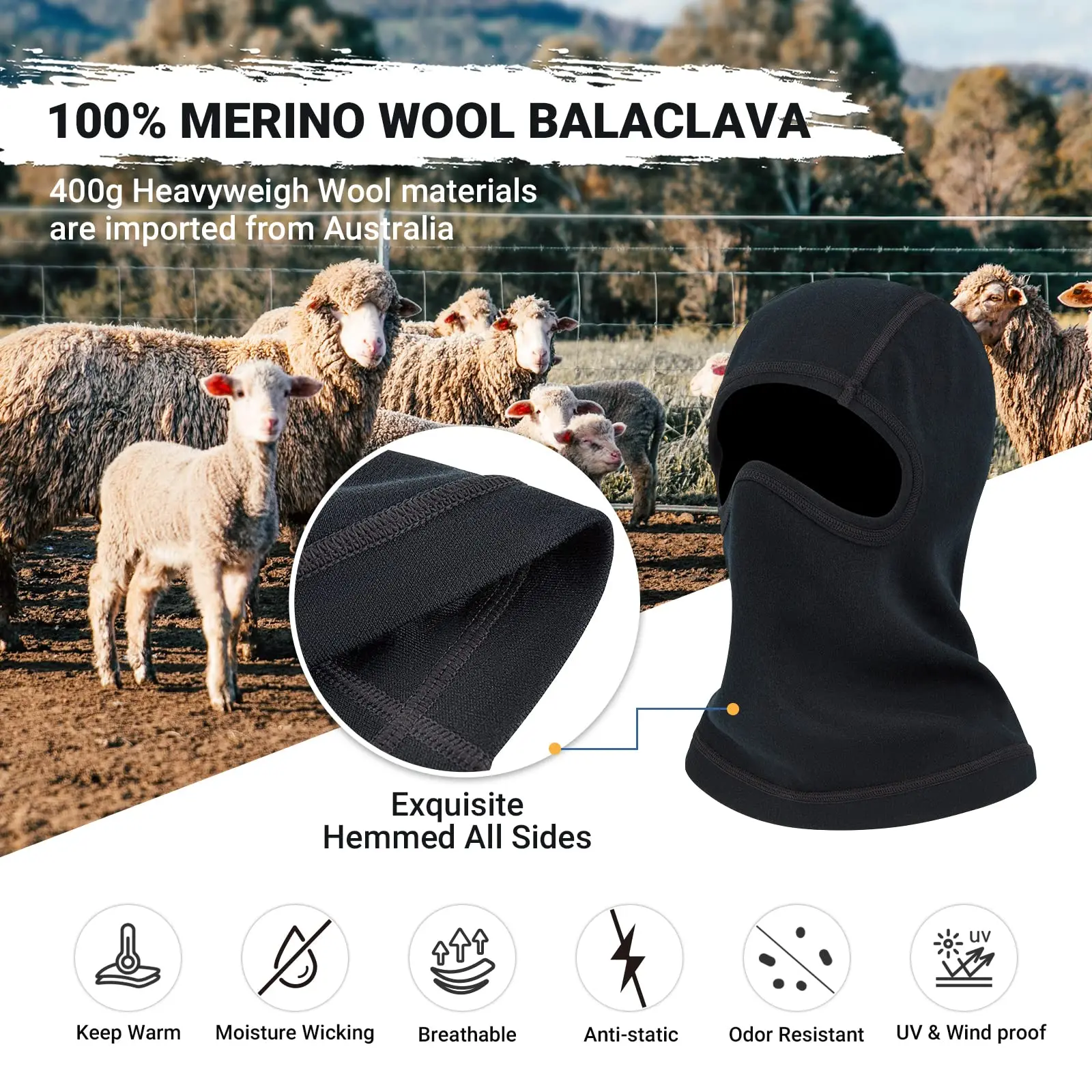 100% merino wool winter warm black ski masks elastic 1 hole balaclava