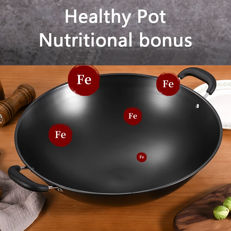 Professional Stainless Steel Black Uncoated Anti-Rust Non Stick Braised Pan And Refined Iron Double Handle Wok