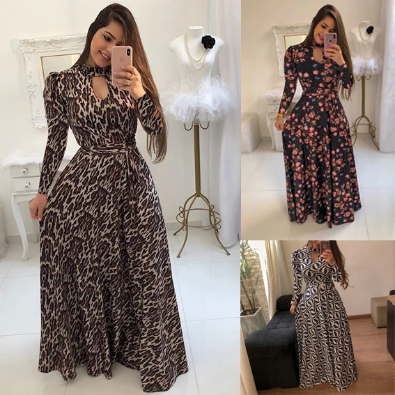 Wholesale 2024 fashion sexy ladies O-Neck long sleeve Women muslim maxi Dresses (C1002-1)