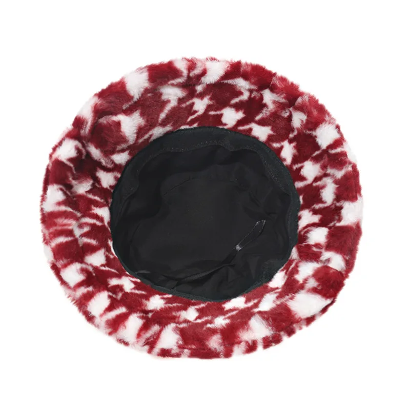 2021 autumn and winter fisherman hat plush warm houndstooth rabbit fur men and women bucket hat