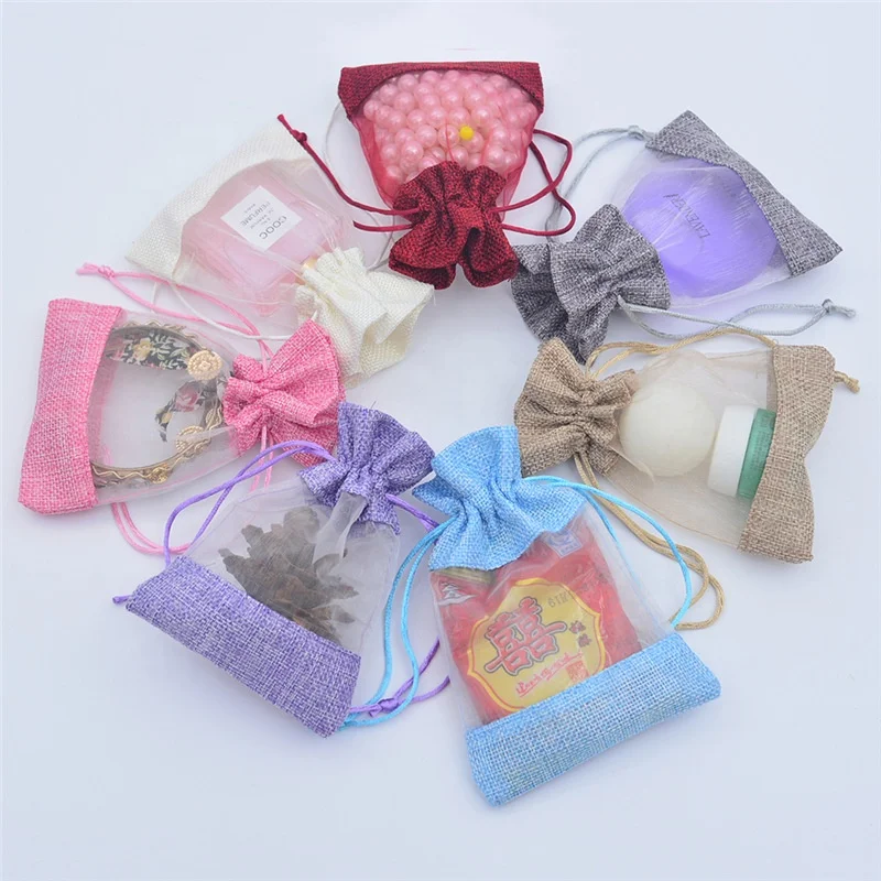 10x14cm Jute Burlap Gift Packaging Bags Jute Gift Bags For Wedding Party Favors Coffee Tea Makeup Jewelry Packing