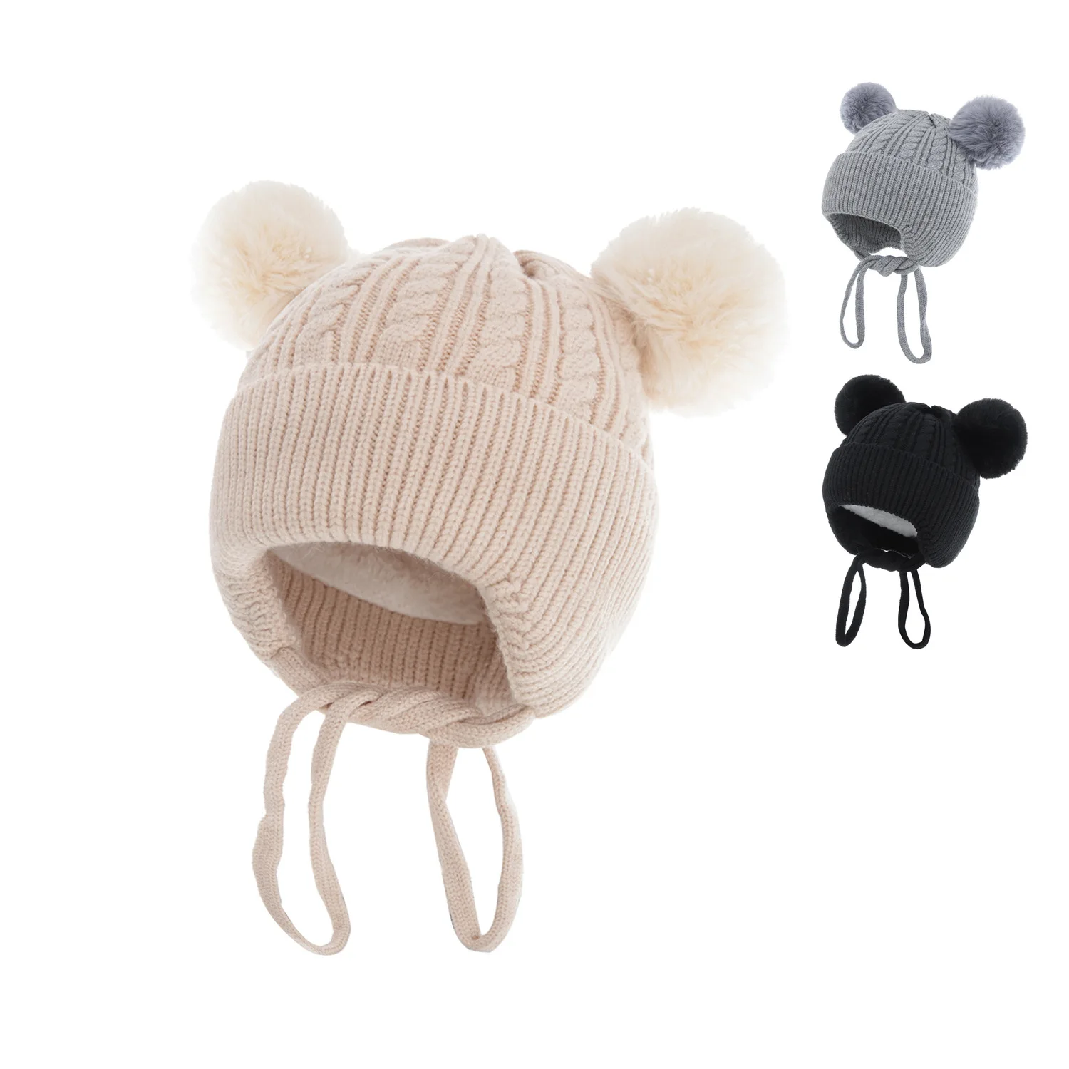 Double Pompom Hat Winter Knitted Kids Baby Girl Hat Warm Thicker Children Infant Beanie Cap Bonnet D471-1