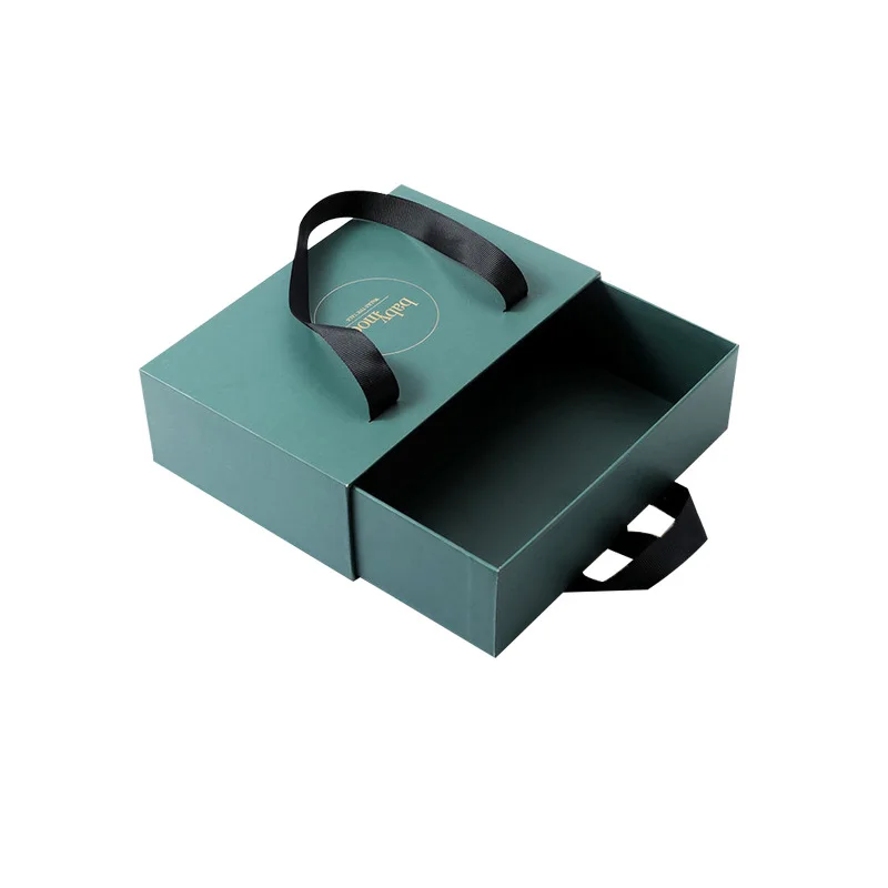ECO Friendly Custom Logo Printed Hard Rigid Recycle Style Cardboard paper Packaging Drawer Sliding gift box with ribbon Handle