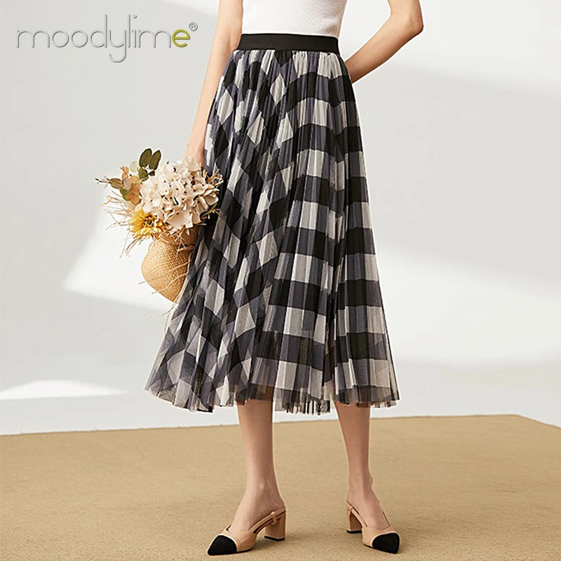 
moodylime 2020 Fashion Long Skirts Ladies Pleated A Line Skirts Girls Checked Print Elastic Waist Skirt 