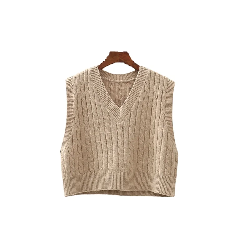 VIgour High quality vintage v neck cable knitted high waist short sweater vest women