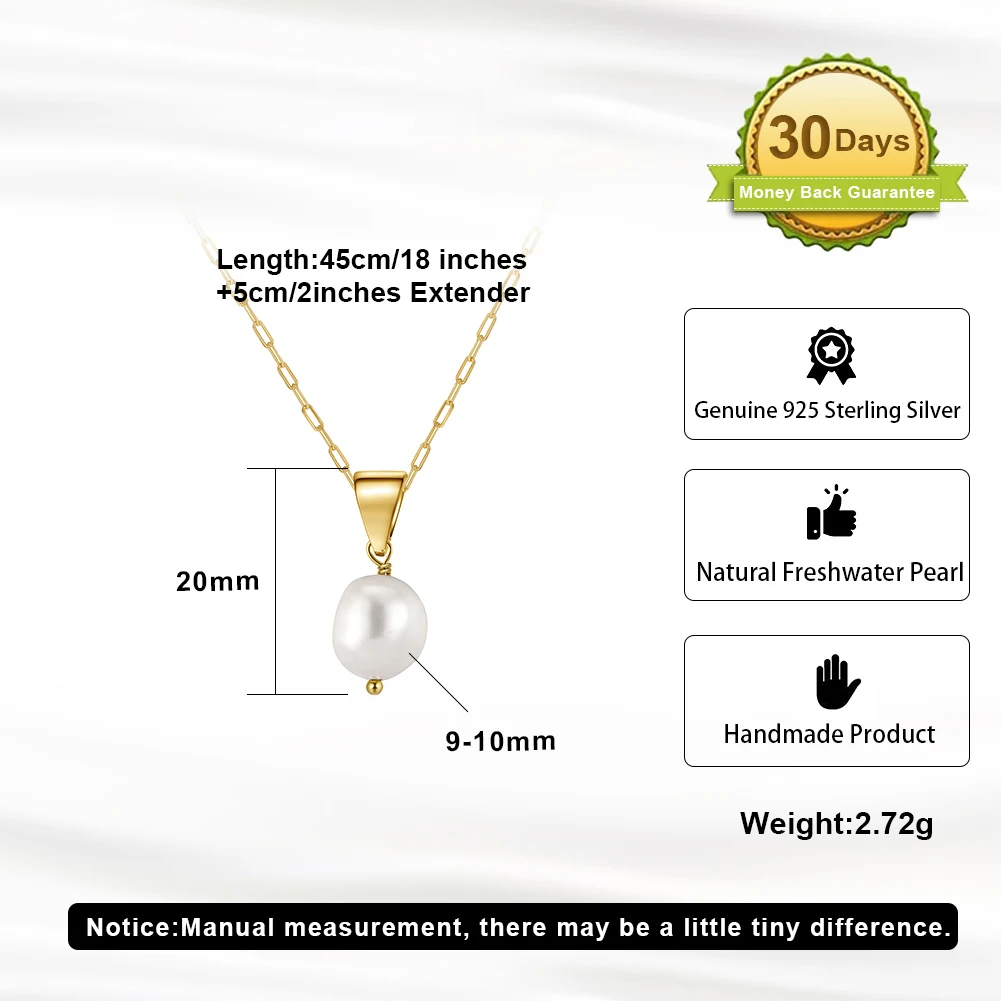 RINNTIN GPN24 Silver Freshwater Cultured White Pearl Drop Pendant 14K Gold Baroque Oval Shape Dangling Solitaire Pearl Necklace