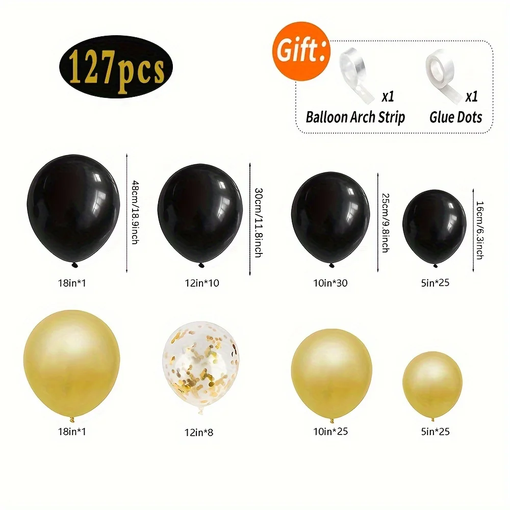 127pcs Black Gold Balloon Garland Arch Kit Confetti Balloons for Birthday Graduation Anniversary Wedding Retirement Decoration