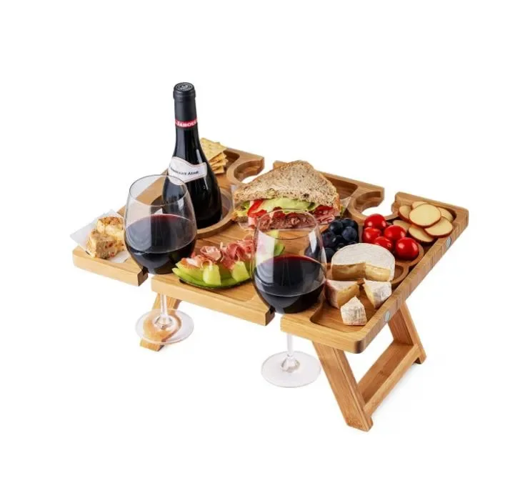 Wooden Appetizer Serving Tray Outdoor Wooden Wine Picnic Table with Bottle and Glasses Holder