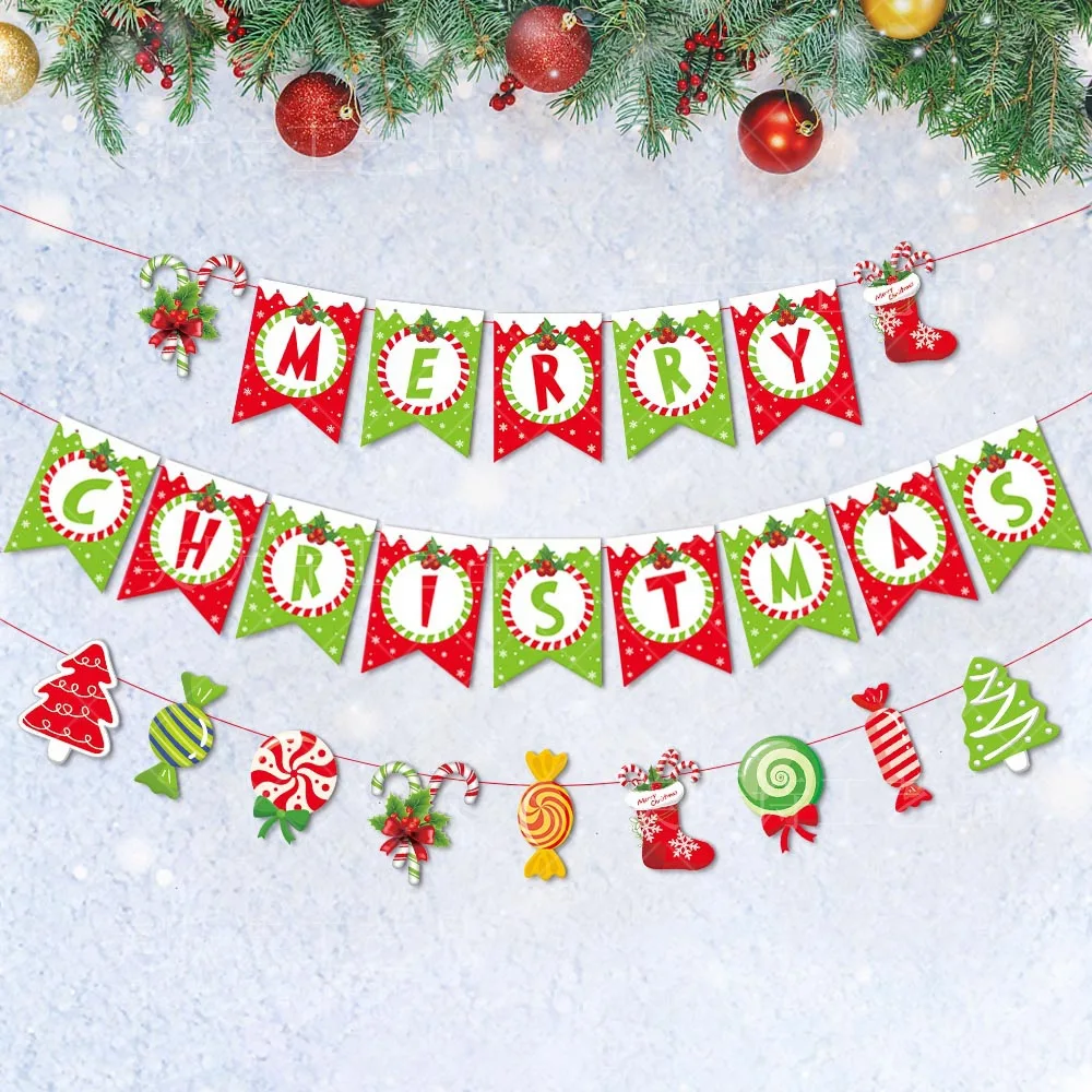 New product cartoon paper flags candy Merry Birthday Banner for Christmas Holiday Party Xmas Christmas Decorations