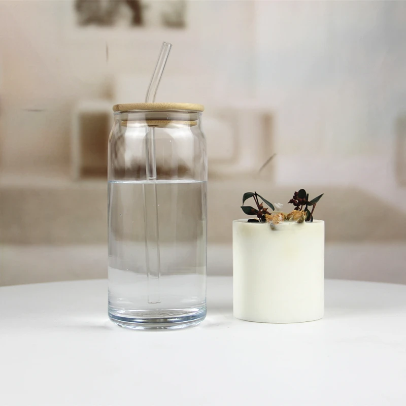 wholesale custom beer can shaped drinking glass coke glass cup with straw bamboo lid