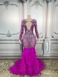 A7011 Fashion Purple Maxi Women Party Dress Beaded Feather Handmade Ladies Long Evening Dress