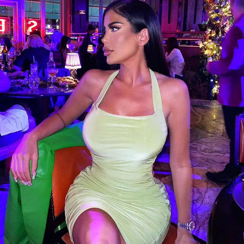 2022 Vestido Dress Streetwear Summer Women Halter Plain Corset Top Ruched Pleated strapless Bodycon Mini Party Cocktail Dresses