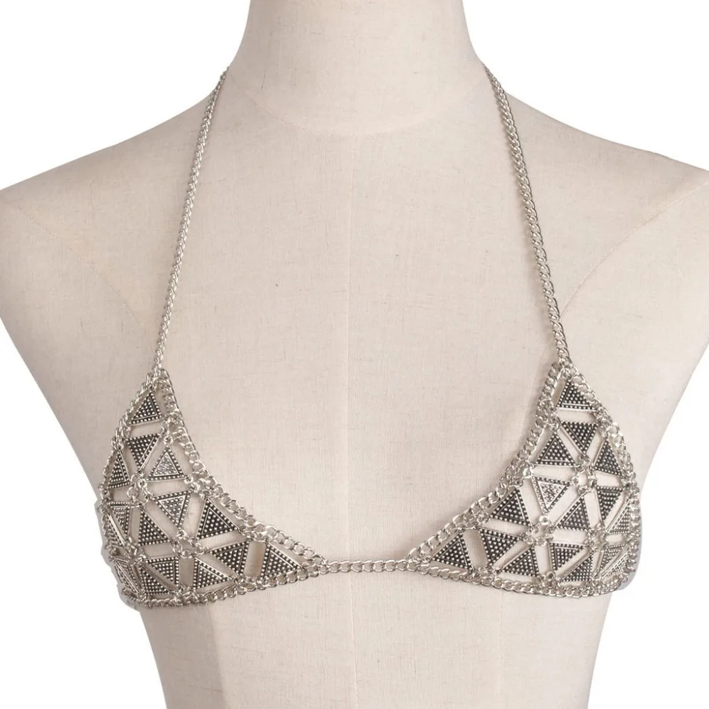 Bohemia Antique Acrylic Inlaid Triangle Zinc Alloy Sequins Link Chain Body Chest Chain Women Statement Necklace Body Jewelry