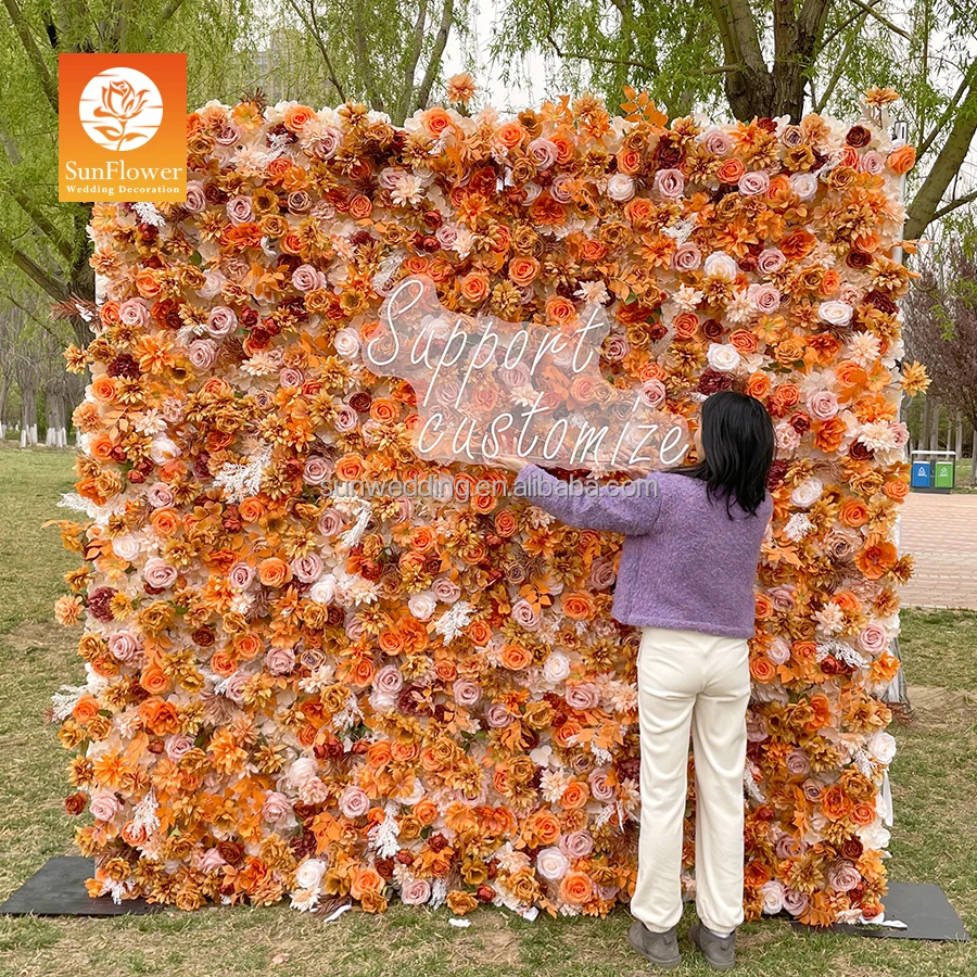 Sunwedding Plant Hanging Silk Plastic Wedding Decoration Orange Flower Rose Wall Backdrop Flower Wall