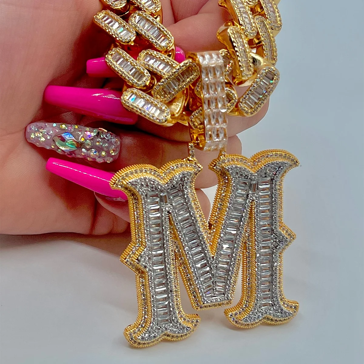 Initial A-Z Baguette Name Letter Pendant For Women Necklace Bling Zircon Hip Hop Rock Street Jewelry