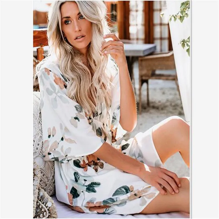 Wholesale Ladies Summer Floral Dress Street Trendy V neck Originality Irregular Women Dress
