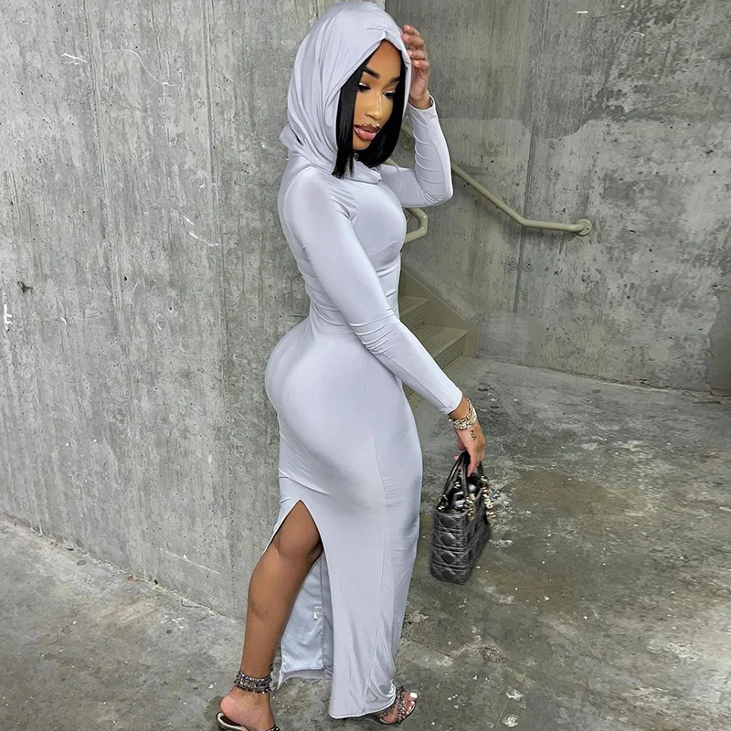 Wholesale Solid Color Slim Fit Dresses Women Lady Elegant Celebrity Style Long Step Wrap Hip Skirt Casual Hooded Dress