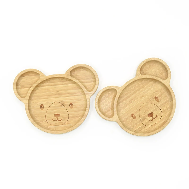 Bamboo Reusable Plate Baby Suction Reusable Animal Bear Shape Bamboo Kids Plates Baby Divided Feeding Plate Set