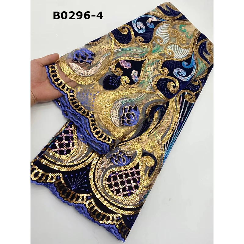 Best quality embroidery royal blue tulle lace women evening dress fashion sequin velvet fabric