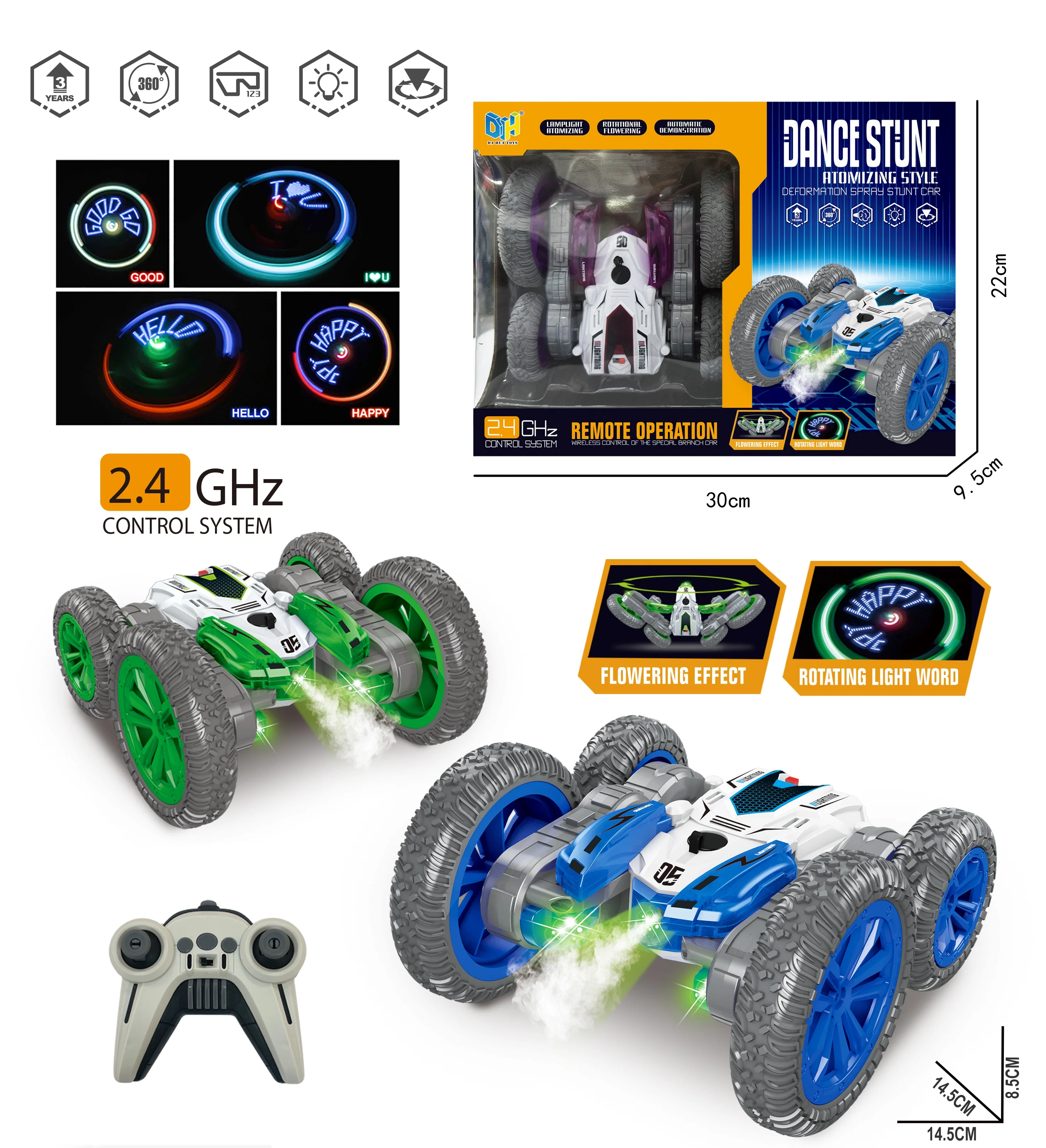 2.4ghz Remote Control Led Light Words Stunt Car Butterfly Stunt Rotation Truck Double-side Rolling Spray Car Toys