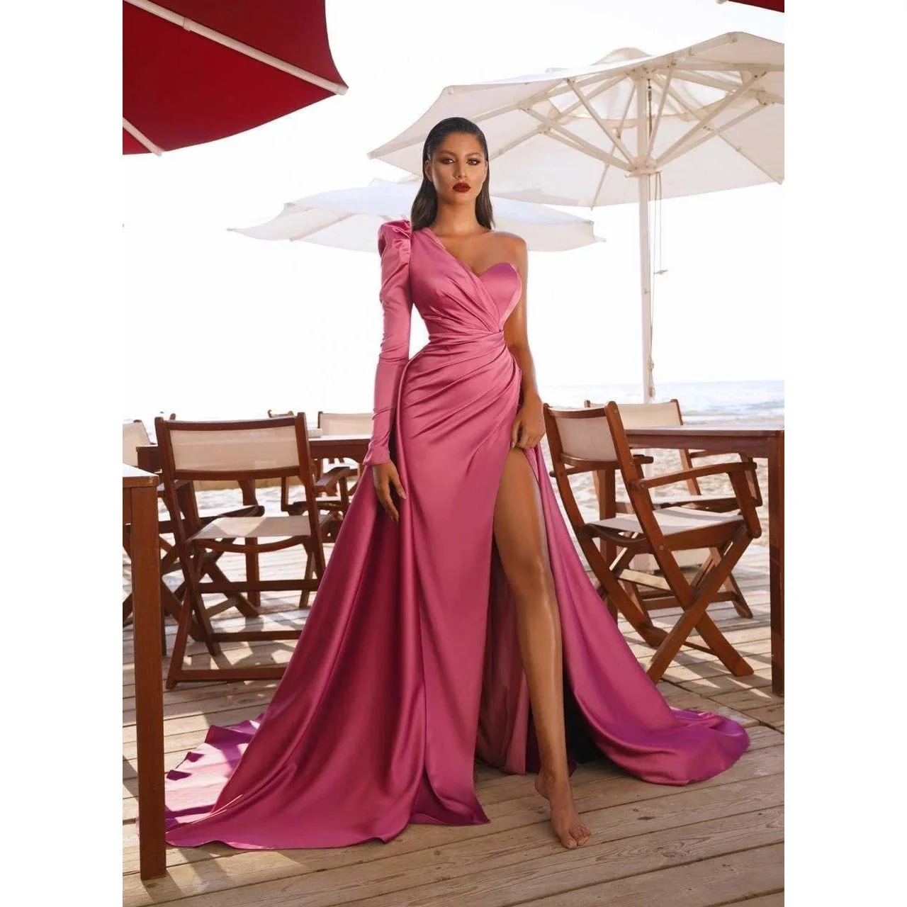 Long Sleeve Silk And Satin Women Prom Dresses Slit One Shoulder Floor-Length Skirt Banquet Evening Dress