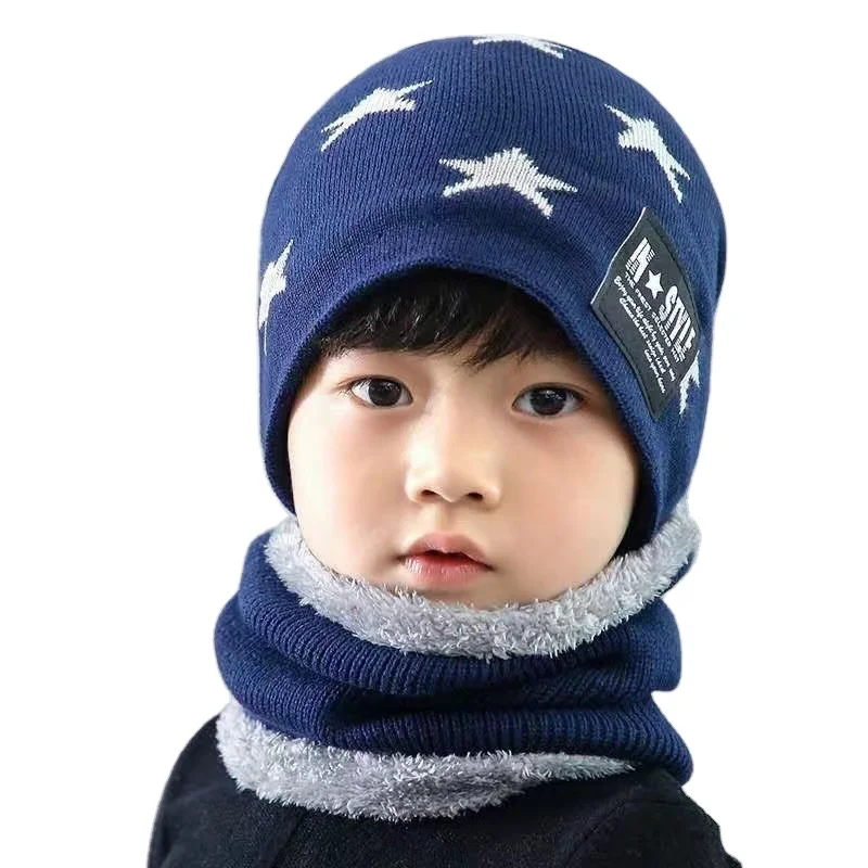 Winter boy warm set 2-16 years old fleece lining children knit beanie hat