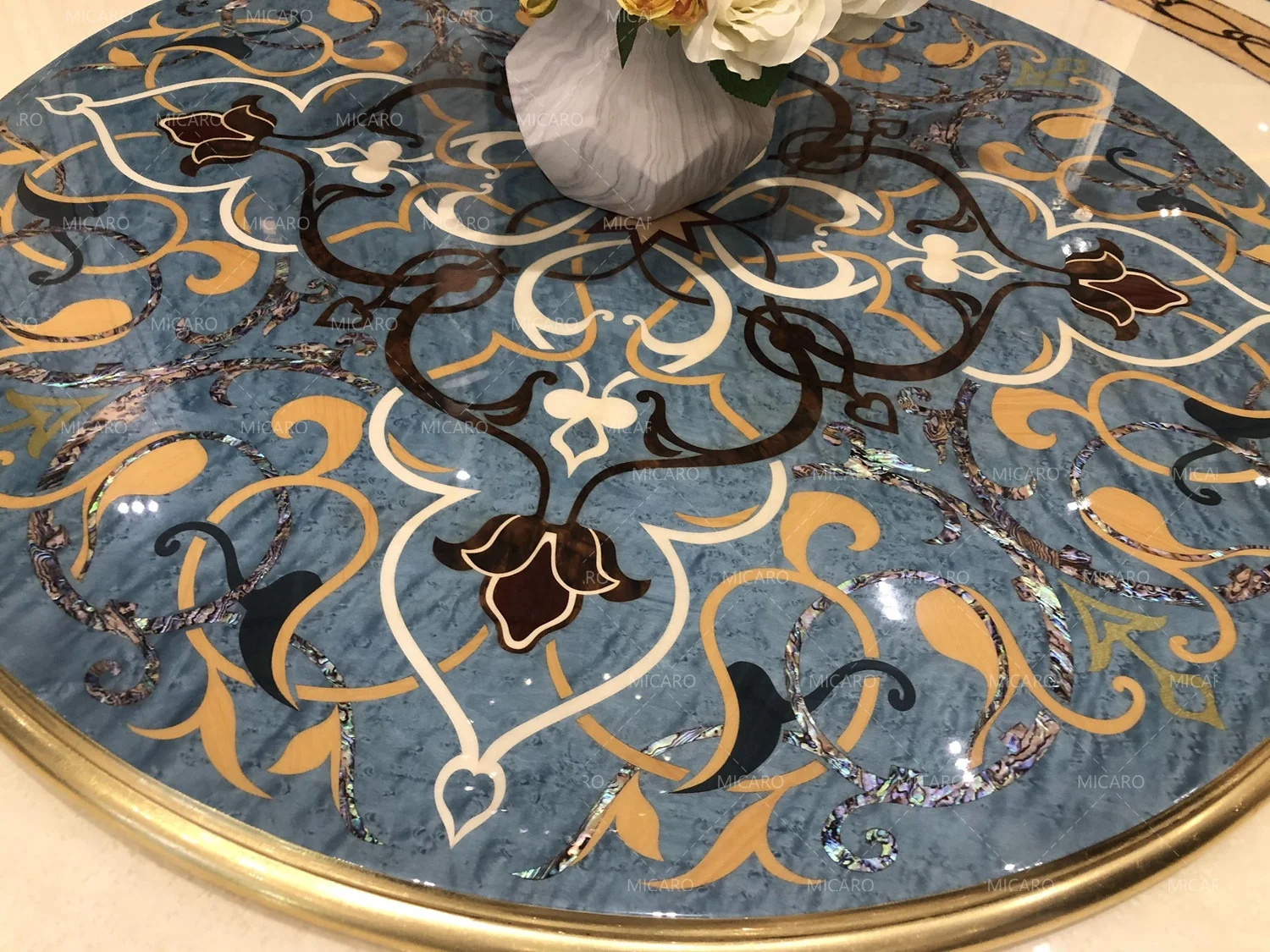 Luxury antique Italian style  solid wood marquetry 8 seater european round dining table with rotating centre