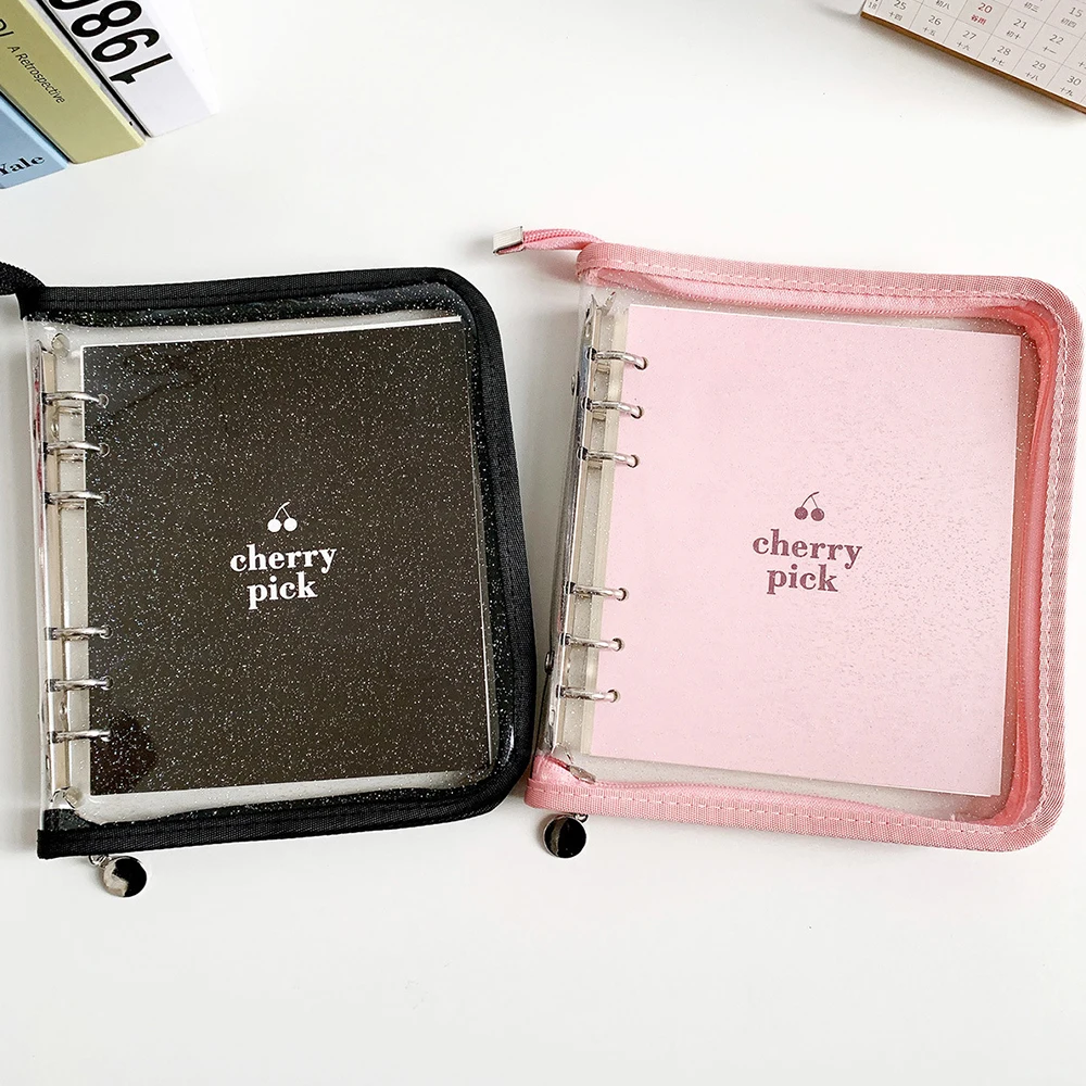 Glitter Shiny Cover PVC Transparent Zipper Binder 6 Ring Loose Leaf Notebook with 80 Sheets Inner Pages