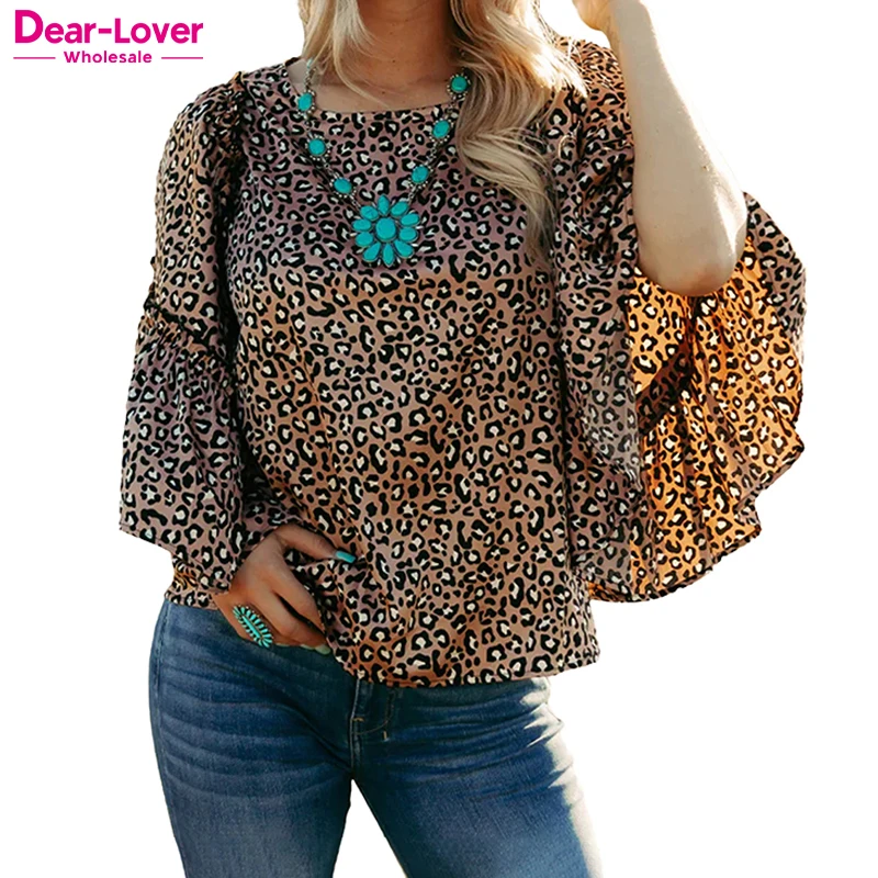Dear-Lover Western Style Women Clothing Fashionable Blouse Tops Leopard Ruffle Wide Sleeve Blouse For Women