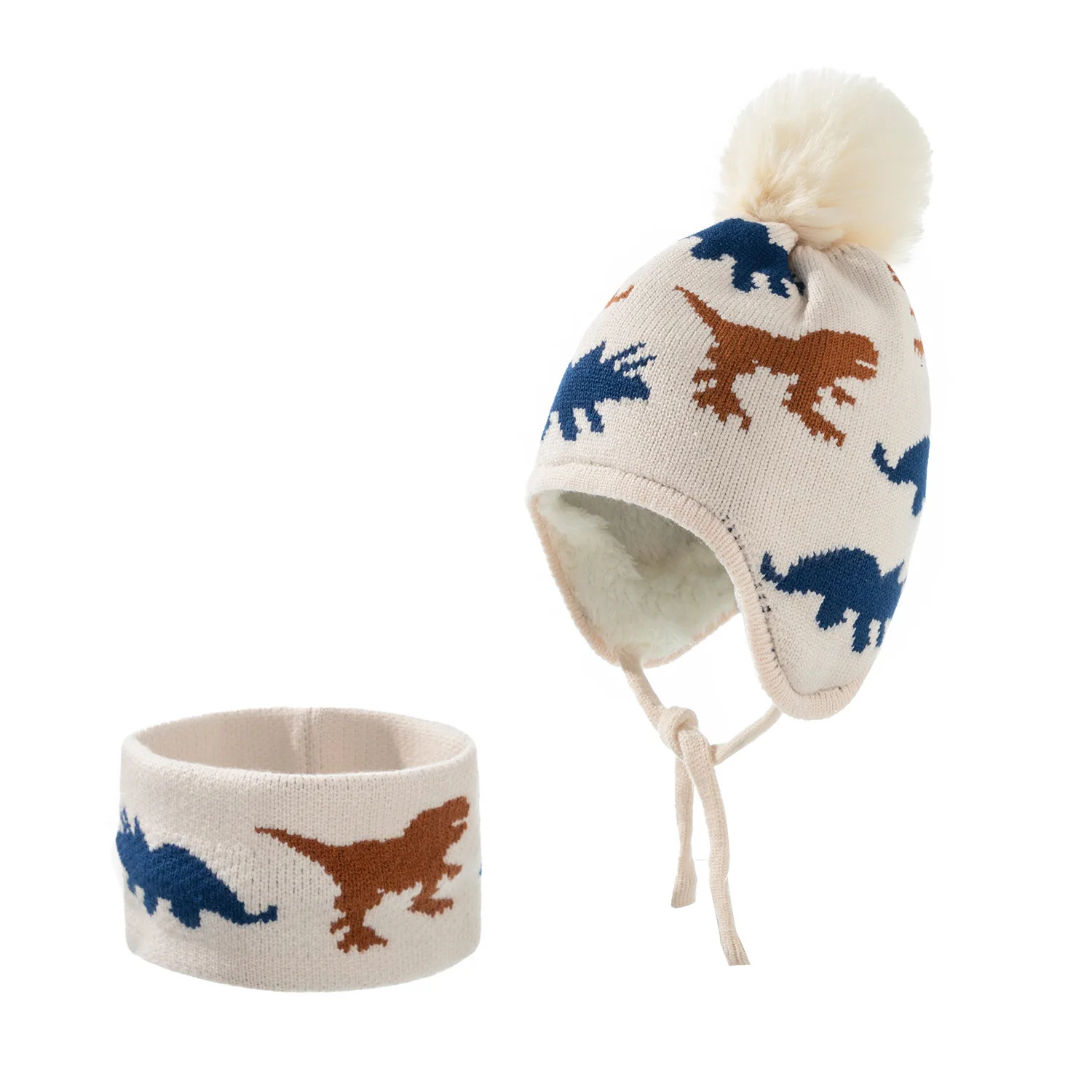 Детская зимняя трикотажная шапка в европейском и американском стиле с динозавром, жаккардовая пряжа из пряжи, плюшевый комплект с нагрудником