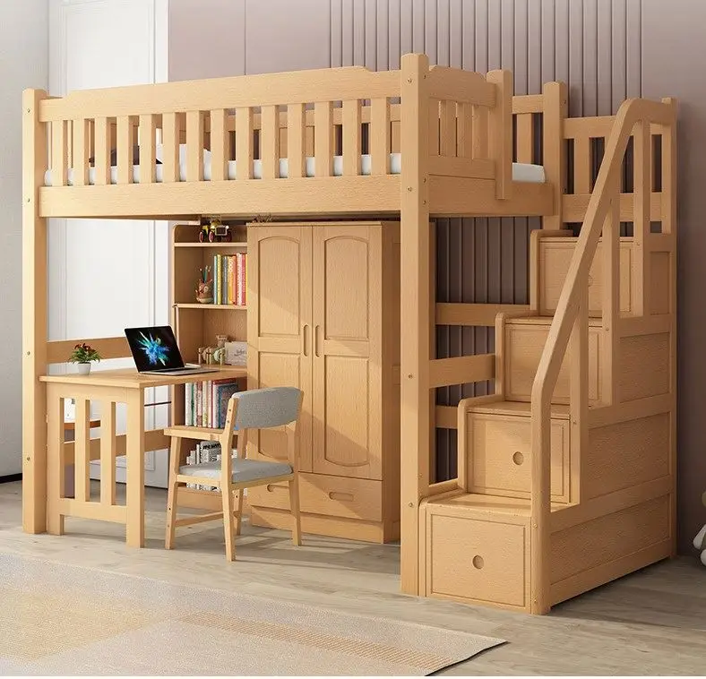 Bed under table high and low bed with desk dormitory solid wood elevated bed  for children