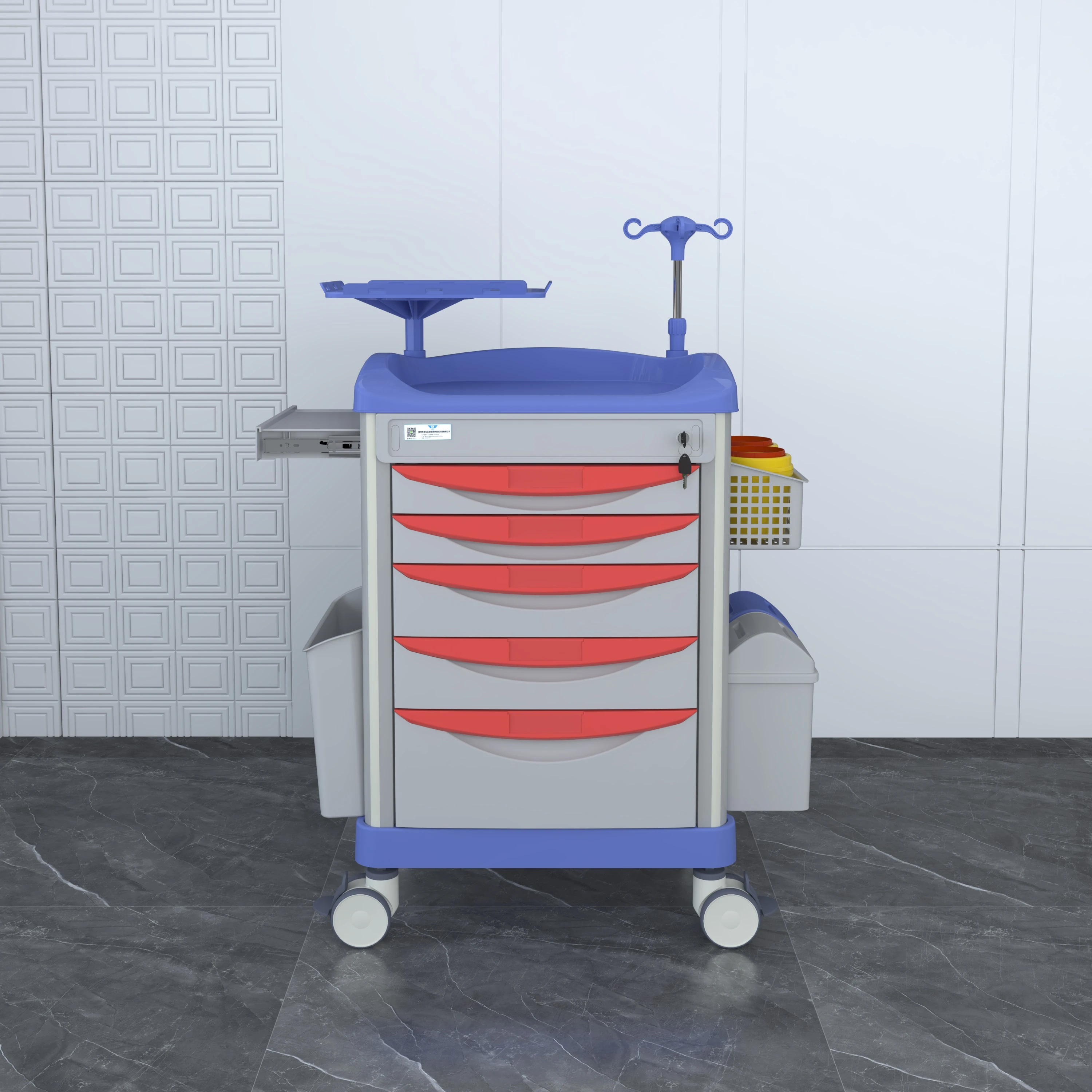 Custom Hospital Emergency Cart Medical Mobile Trolley Multifunction ABS Rescue Treatment Trolley  With More Drawer