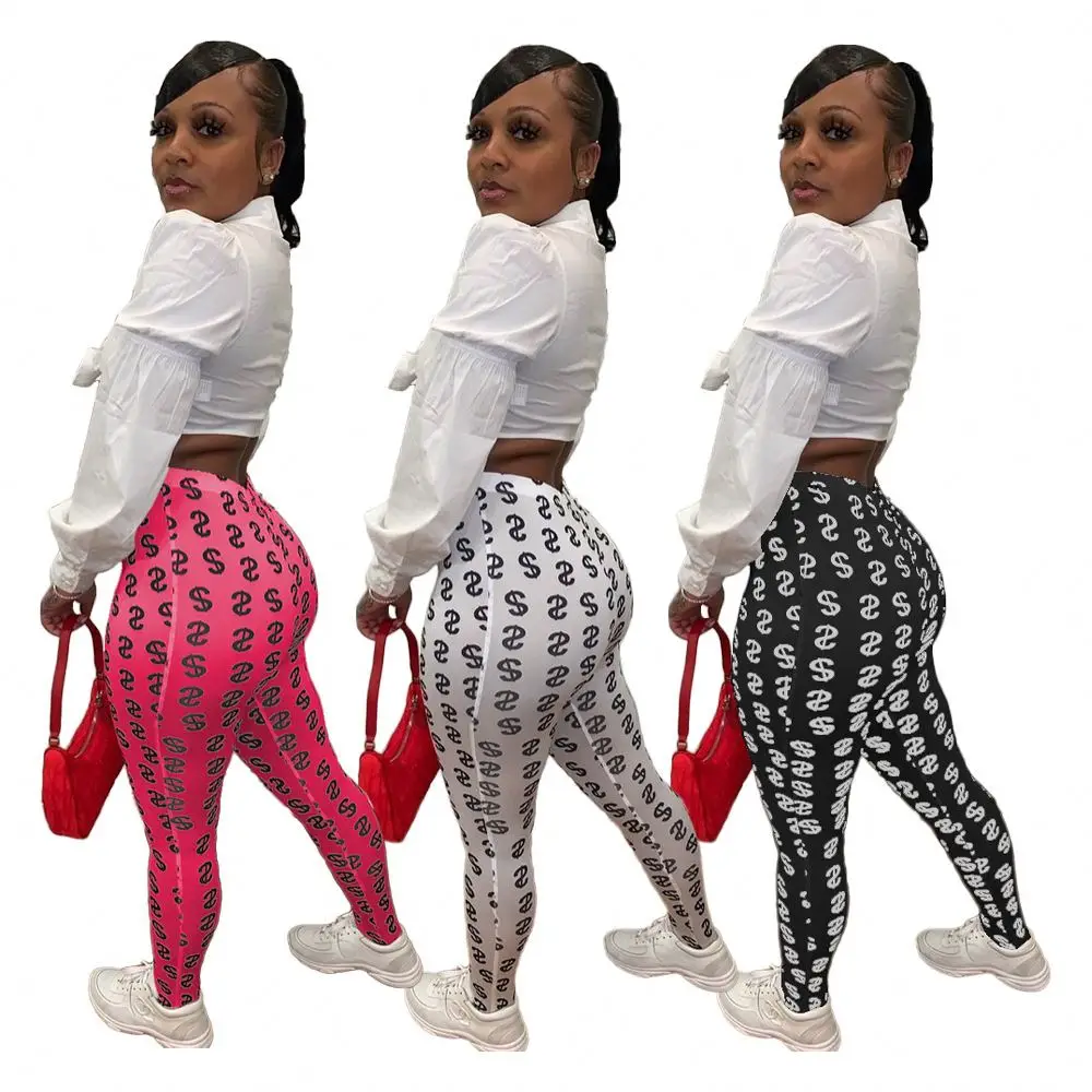 
2021 Fashion dollar sign overall print stocking foot pants fitness feminine money womancasual elasti track pants tights leggings 