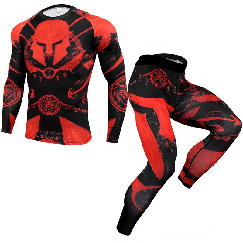 Custom Printed Mens Long Sleeve BJJ MMA Rash Guard Mens Compression Tights T shirt+leggings+shorts set