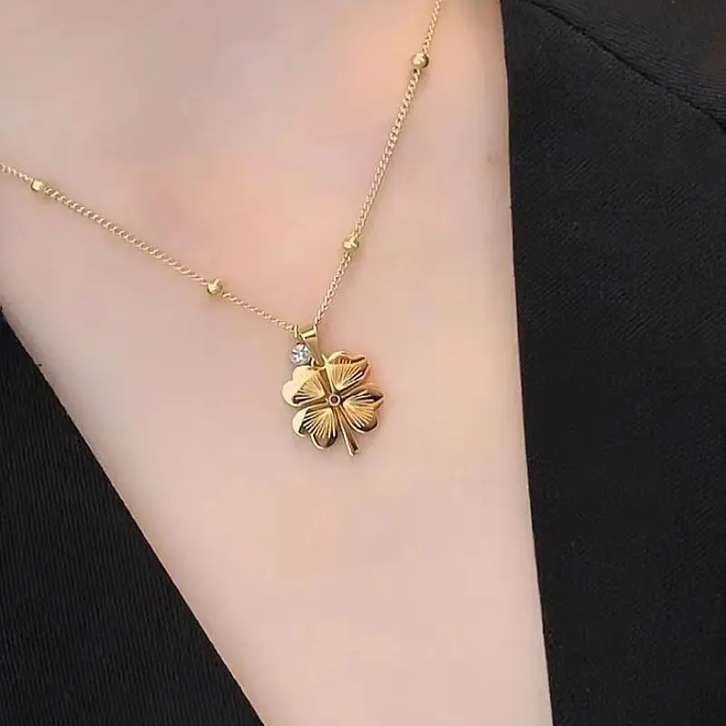 High Quality Non Fading Titanium Steel Four Leaf Clover Zircon Pendant Necklace For Women Party