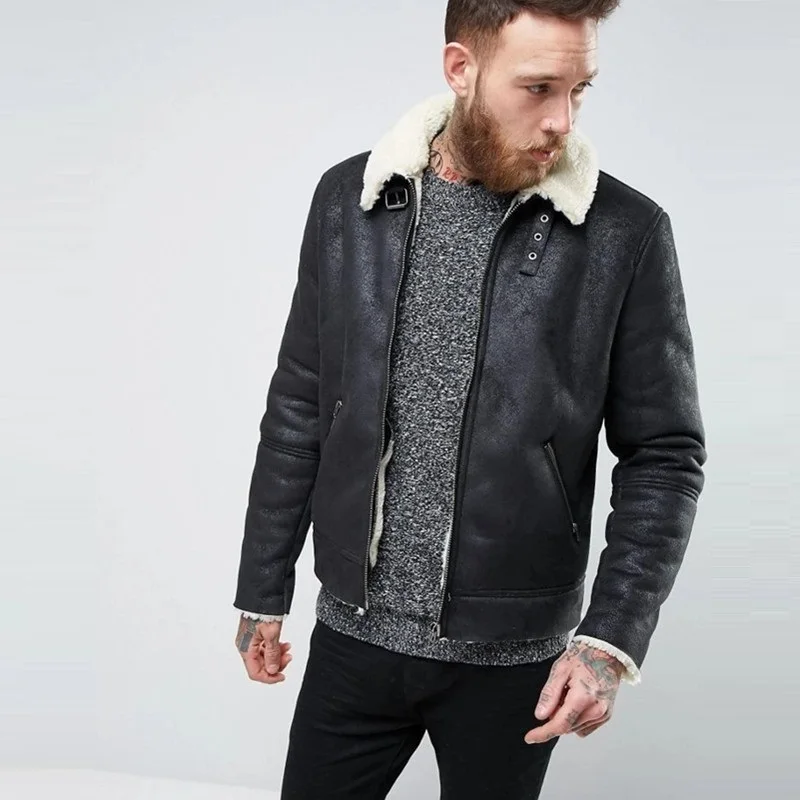 Heavy Weight Faux Shearling Men Suede Leather jacket Black Winter Jacket