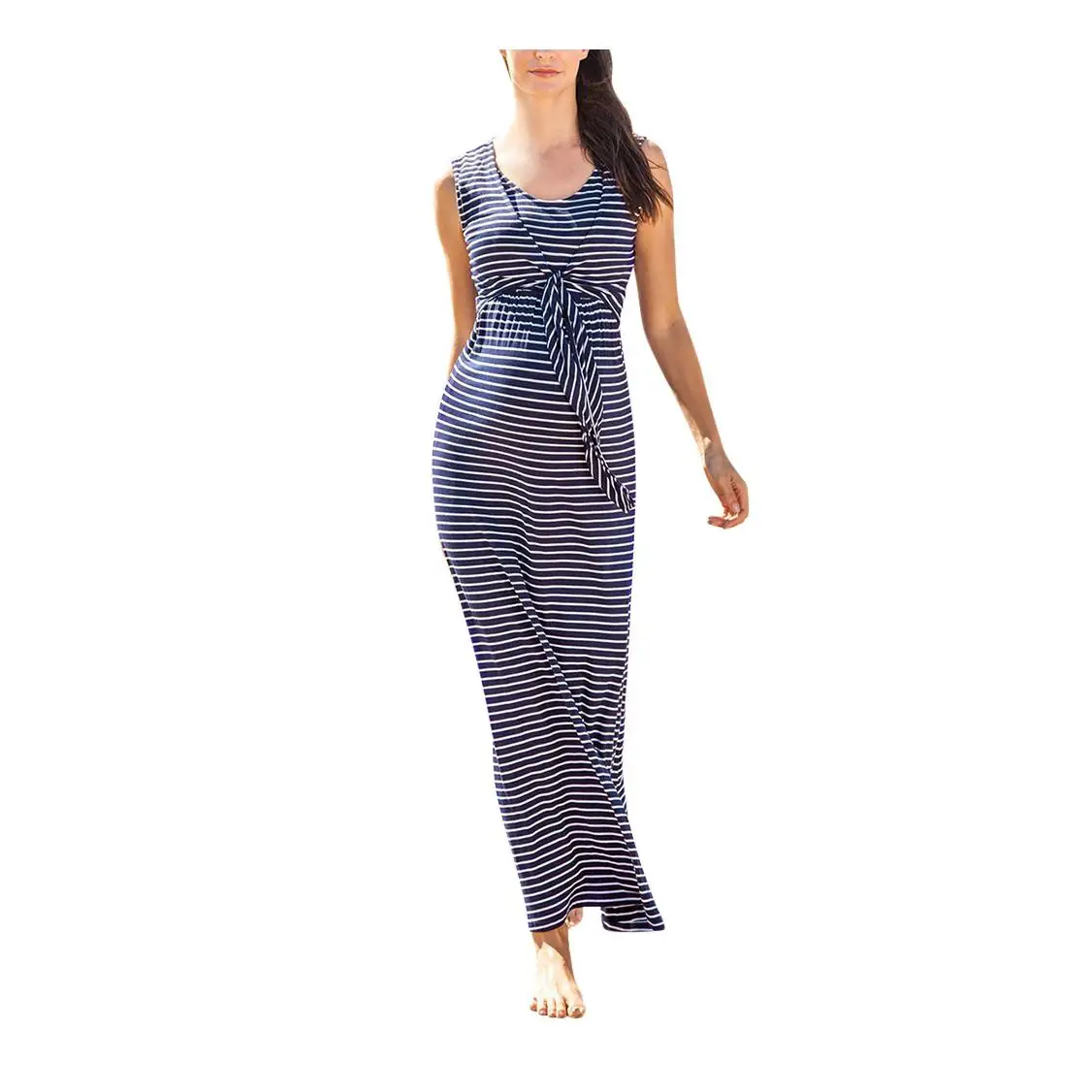  Women Summer Maxi Dresses Maternity Breastfeeding Nursing Striped Sleeveless Long Dress