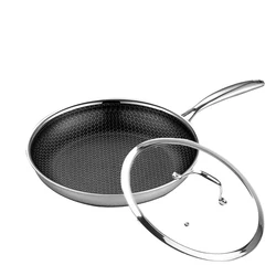 Top Quality Cooking Pan Nonstick Frypan Heavy Duty 304 Stainless Steel Frying Pans Honeycomb Skillet With Glass Lid