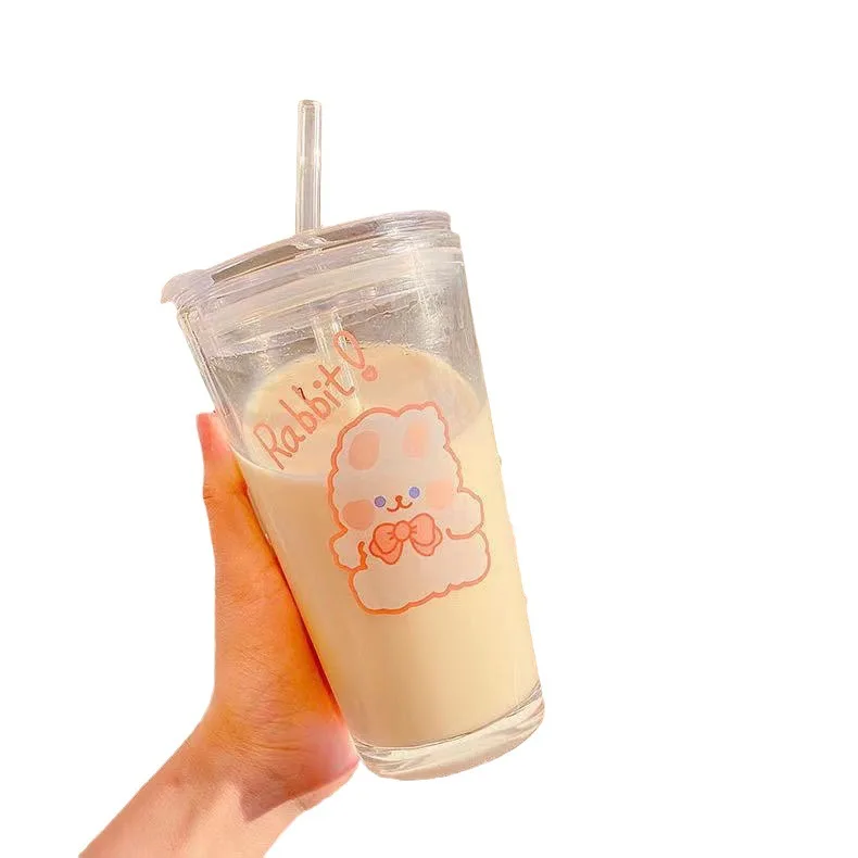 Girls Heart Milk Straw Glass Cup No Two Beverages Juice Cup Cartoon Picture with Lid Coffee Cup