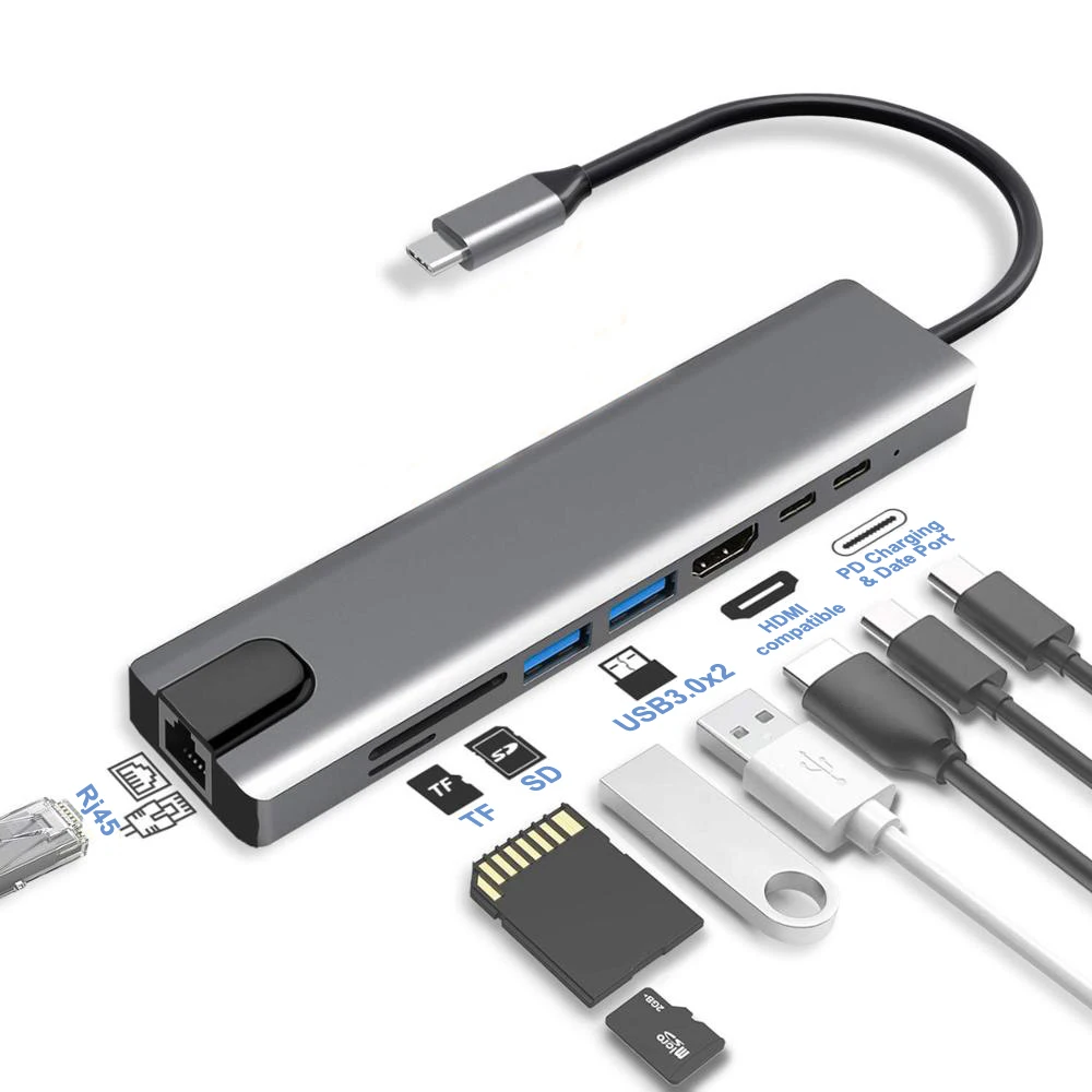 USB C 8 port Type C Hub 8 in 1 Aluminum USB 3.0 -compatible Hub Adapter PD Charging Laptop USB Hubs Extension