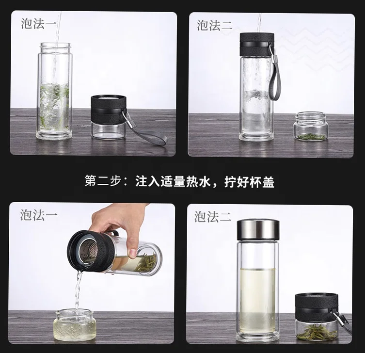 Double Wall Glass Water Bottle Cup Business Office drinking With Tea filter Thermos bottle 380 500ml 1.5L