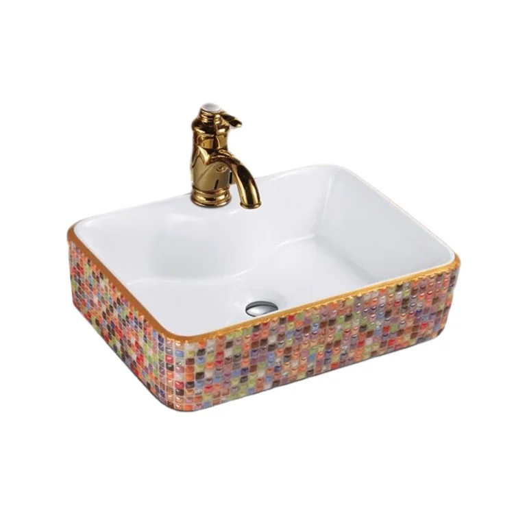 Easy cleaning single hole multicolor glass drill surface rectangular luxury ceramic bathroom countertop sink
