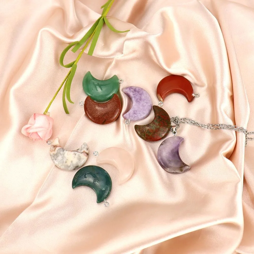 New Jewelry Healing Crescent Moon Shaped Rainbow Crystal Pendant 7 Chakra Reiki Gemstone Howlite Charms for Women Necklace