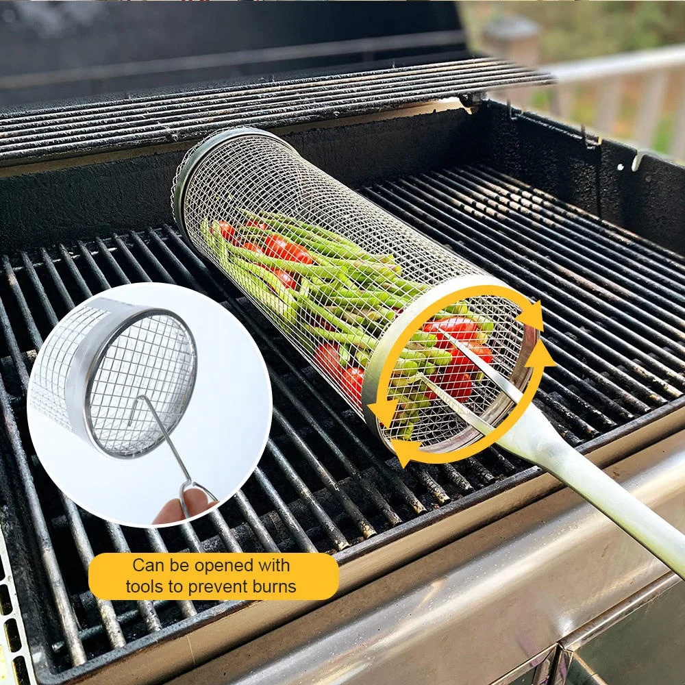 Round stainless steel metal net tube bbq barbecue basket cylinder rolling grilling basket
