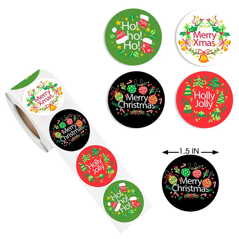Black Red White Green Round Sticker Merry Christmas Plant Flower Label Decorative