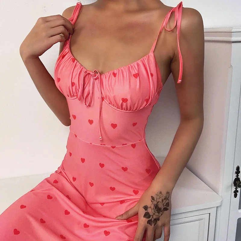 Instagram style sweet pink heart print halter dress 2022 summer sexy holiday lace skirt
